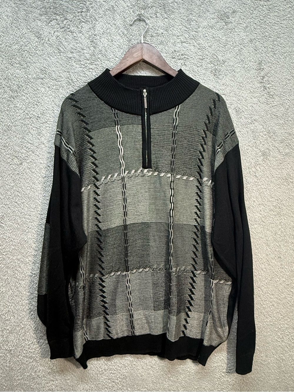 Stacy Adams Men's 3XL Black Grey Textured Geometric 1/4 Zip Pullover Sweater Big